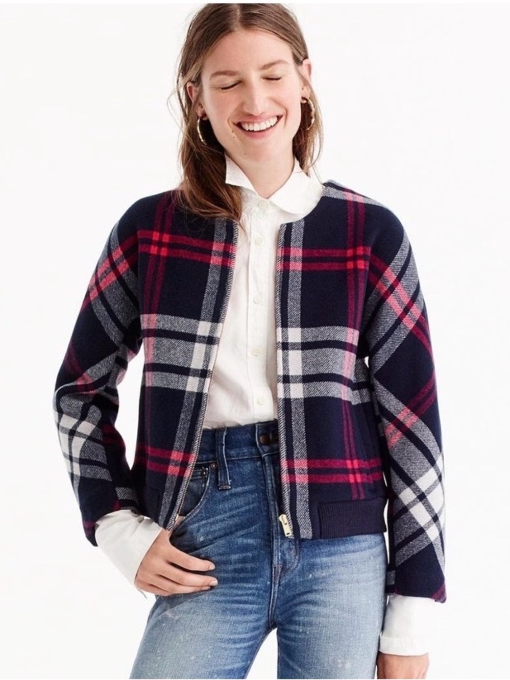 J.Crew Wool Plaid Bomber Jacket | Navy, White & Pink Tartan SZ XS